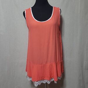 Mur Mur Tunic Tank Top Womens Size Medium Coral Orange Lace Trim Peplum Hem